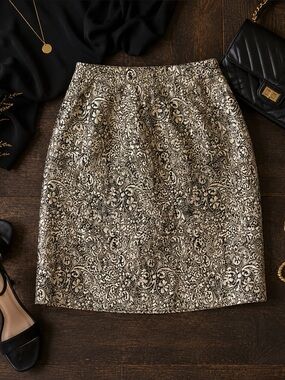 J. Jill Metallic Jacquard Pencil Skirt NWT Size 12 Black Gold Brocade